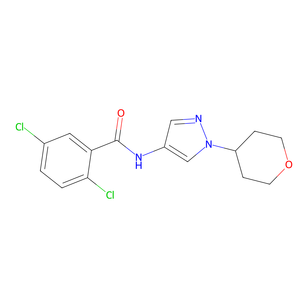 2,5-dichloro-N-(1-(tetrahydro-2H-pyran-4-yl)-1H-pyrazol-4-yl)benzamide molecular structure, CAS 1448030-82-7