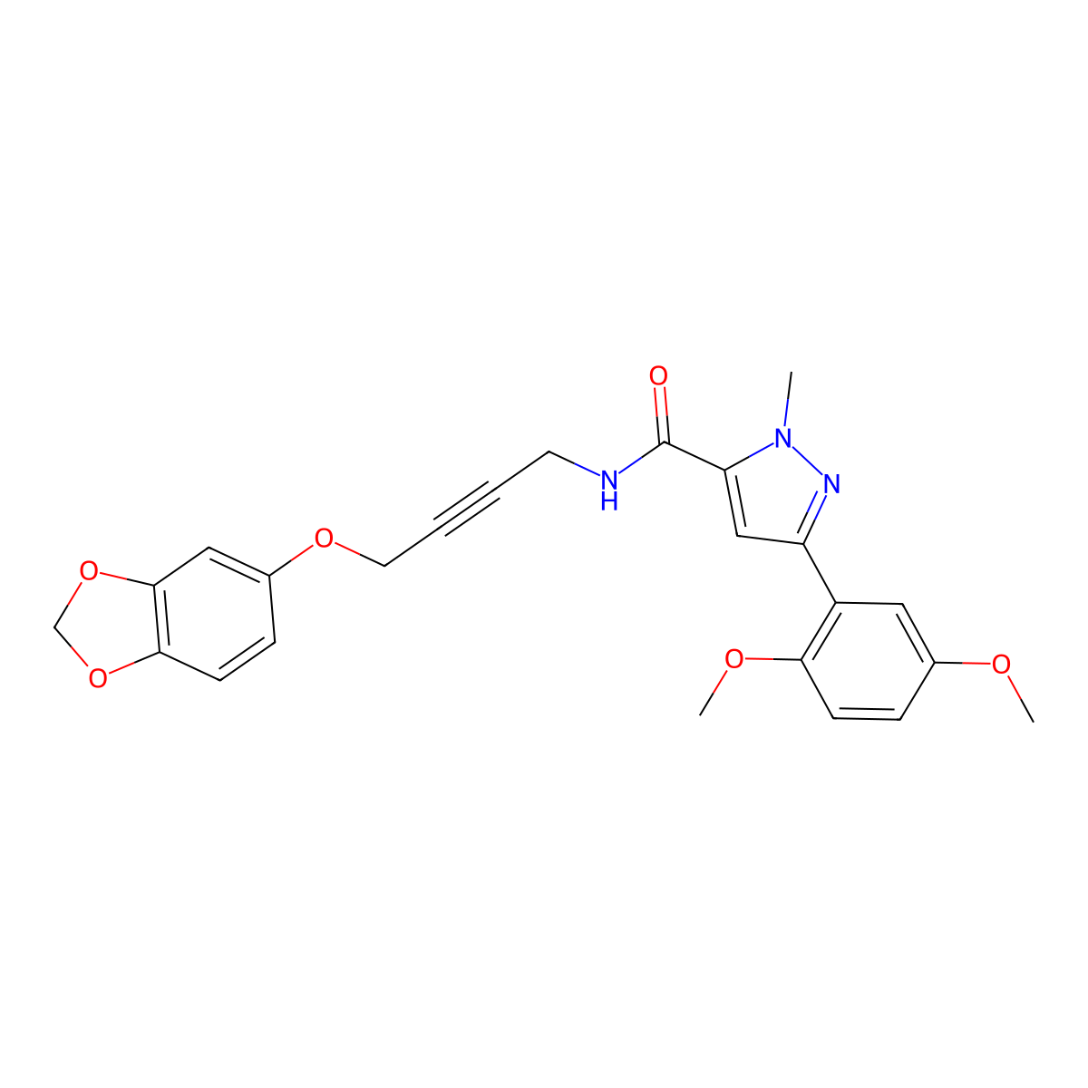 N-(4-(benzo[d][1,3]dioxol-5-yloxy)but-2-yn-1-yl)-3-(2,5-dimethoxyphenyl)-1-methyl-1H-pyrazole-5-carboxamide molecular structure, CAS 1448030-83-8