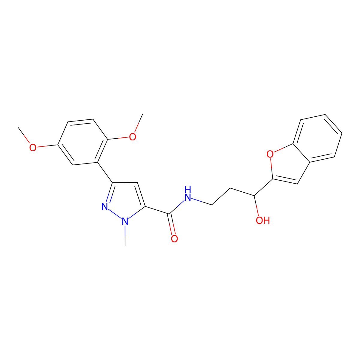 N-(3-(benzofuran-2-yl)-3-hydroxypropyl)-3-(2,5-dimethoxyphenyl)-1-methyl-1H-pyrazole-5-carboxamide molecular structure, CAS 1448030-89-4