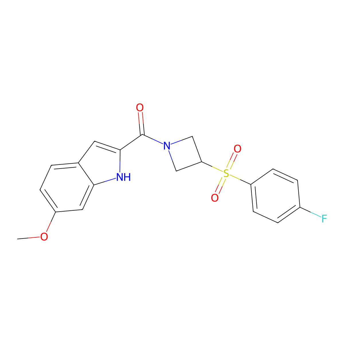 (3-((4-fluorophenyl)sulfonyl)azetidin-1-yl)(6-methoxy-1H-indol-2-yl)methanone molecular structure, CAS 1448030-94-1