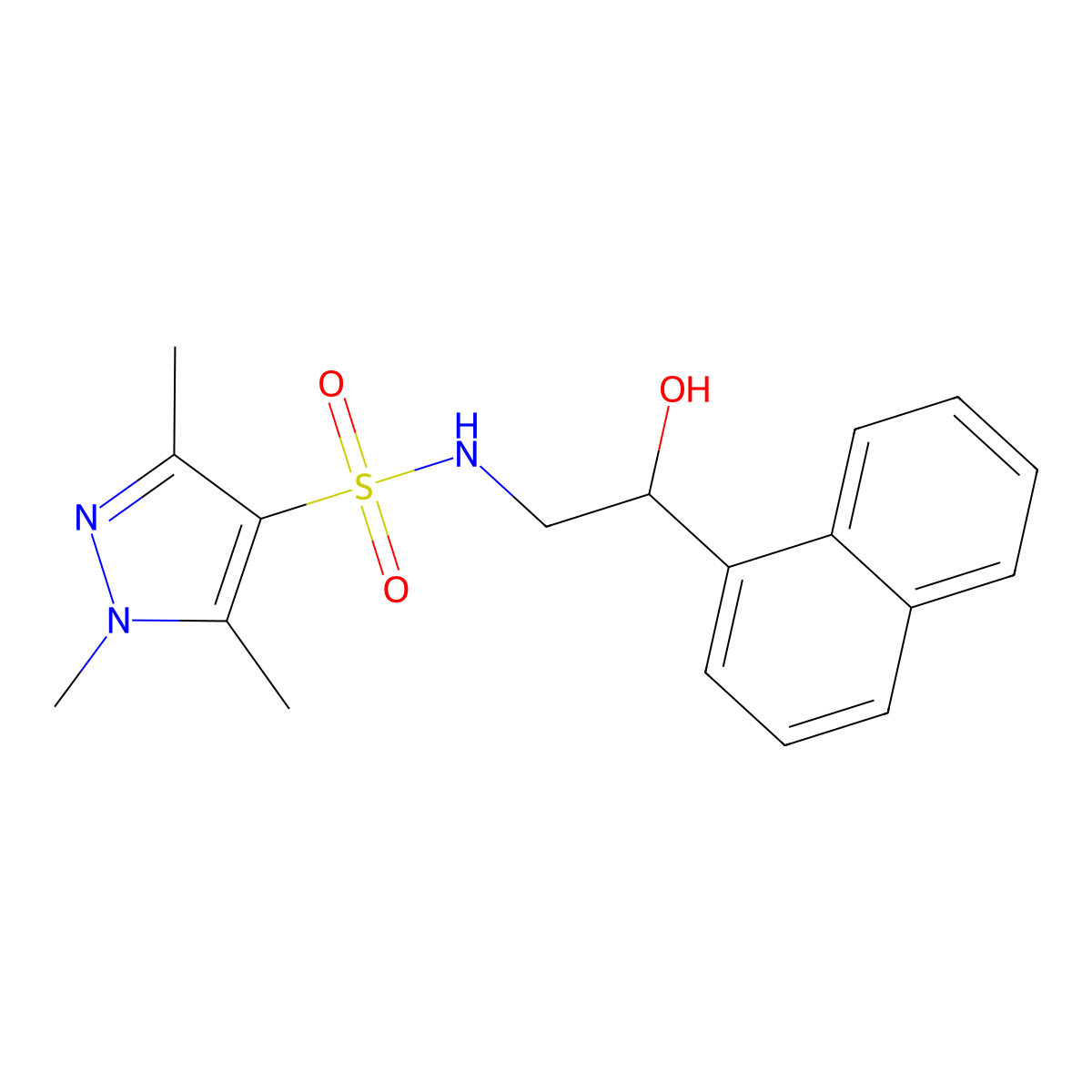 N-(2-hydroxy-2-(naphthalen-1-yl)ethyl)-1,3,5-trimethyl-1H-pyrazole-4-sulfonamide molecular structure, CAS 1448031-08-0