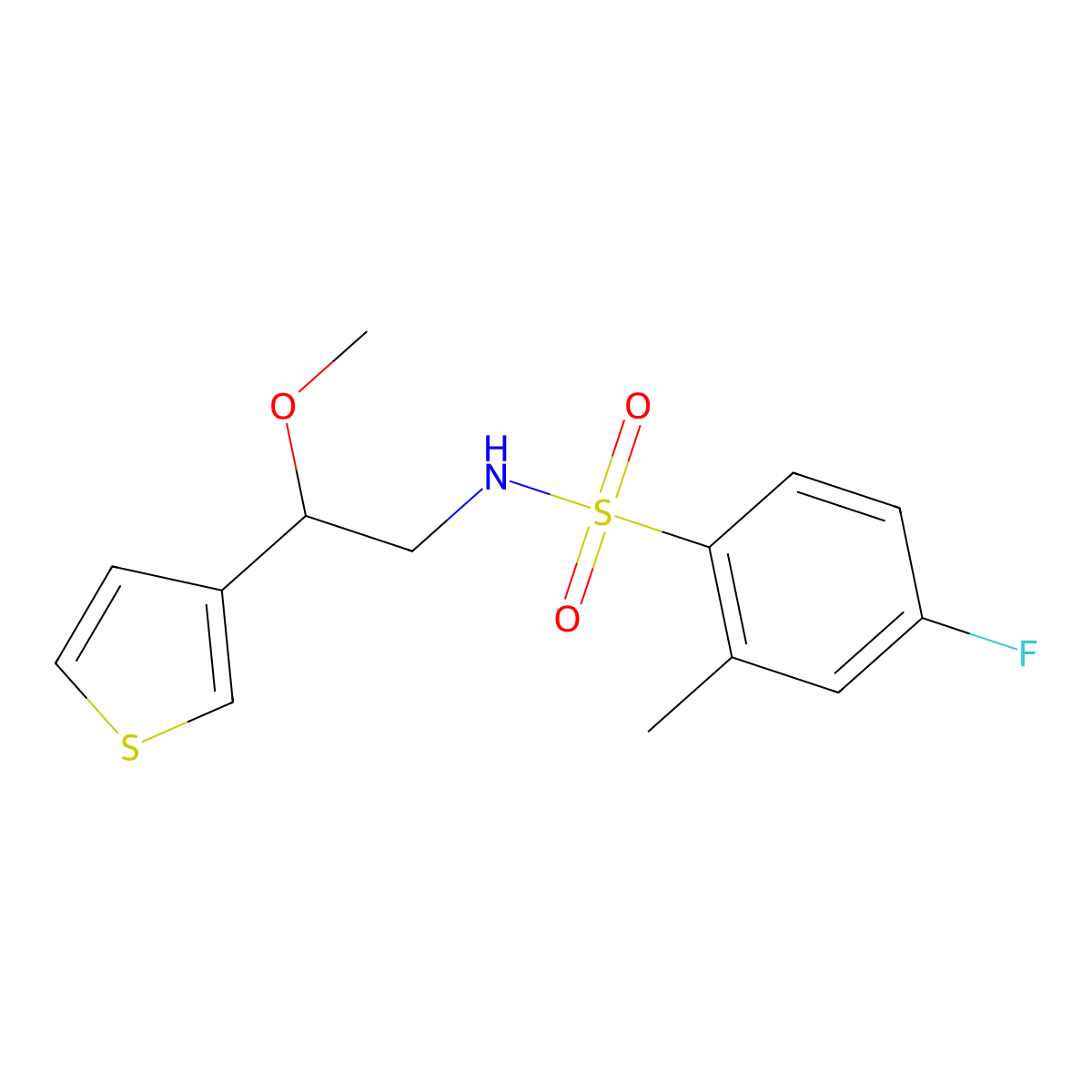 4-fluoro-N-(2-methoxy-2-(thiophen-3-yl)ethyl)-2-methylbenzenesulfonamide molecular structure, CAS 1448031-10-4