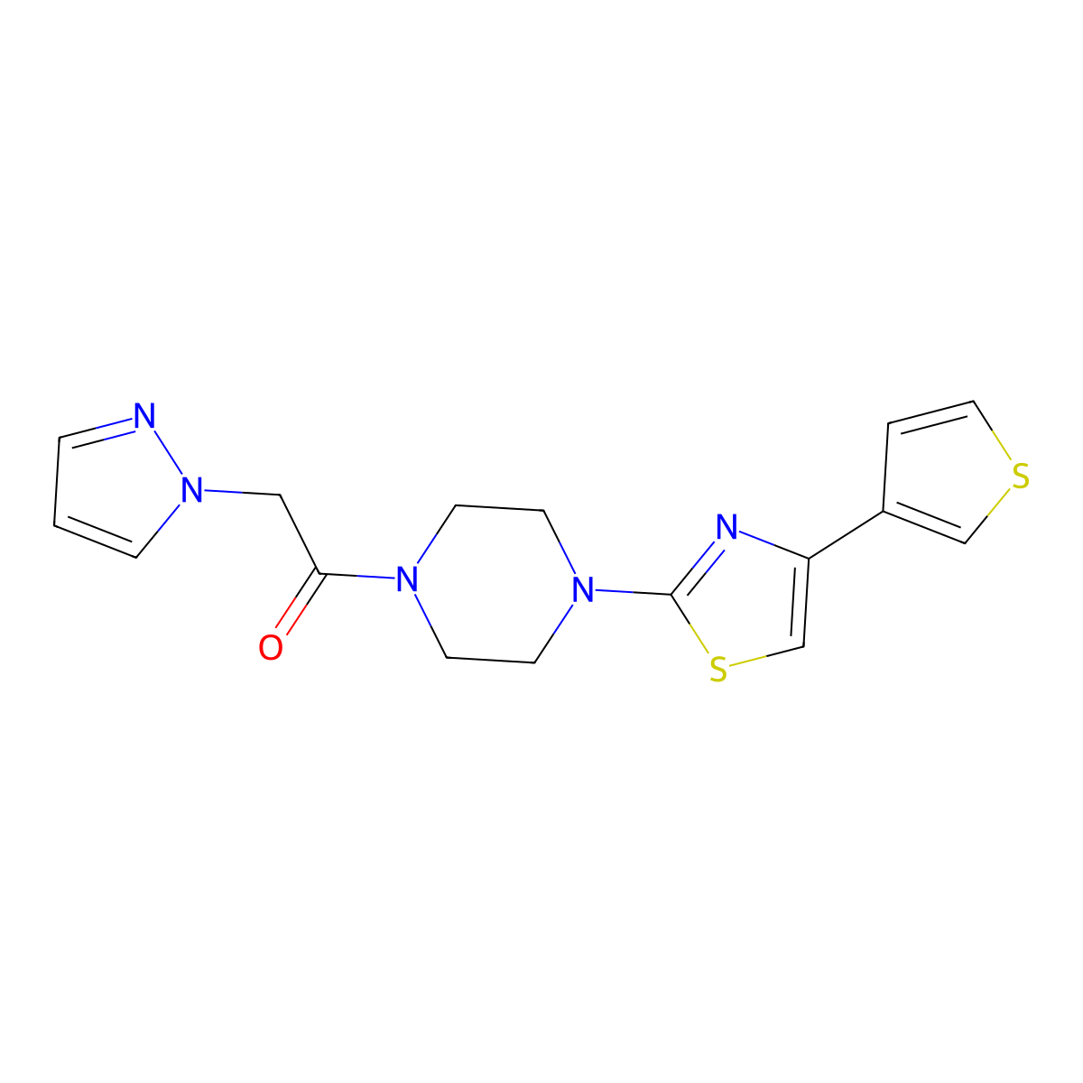 2-(1H-pyrazol-1-yl)-1-(4-(4-(thiophen-3-yl)thiazol-2-yl)piperazin-1-yl)ethanone molecular structure, CAS 1448031-14-8