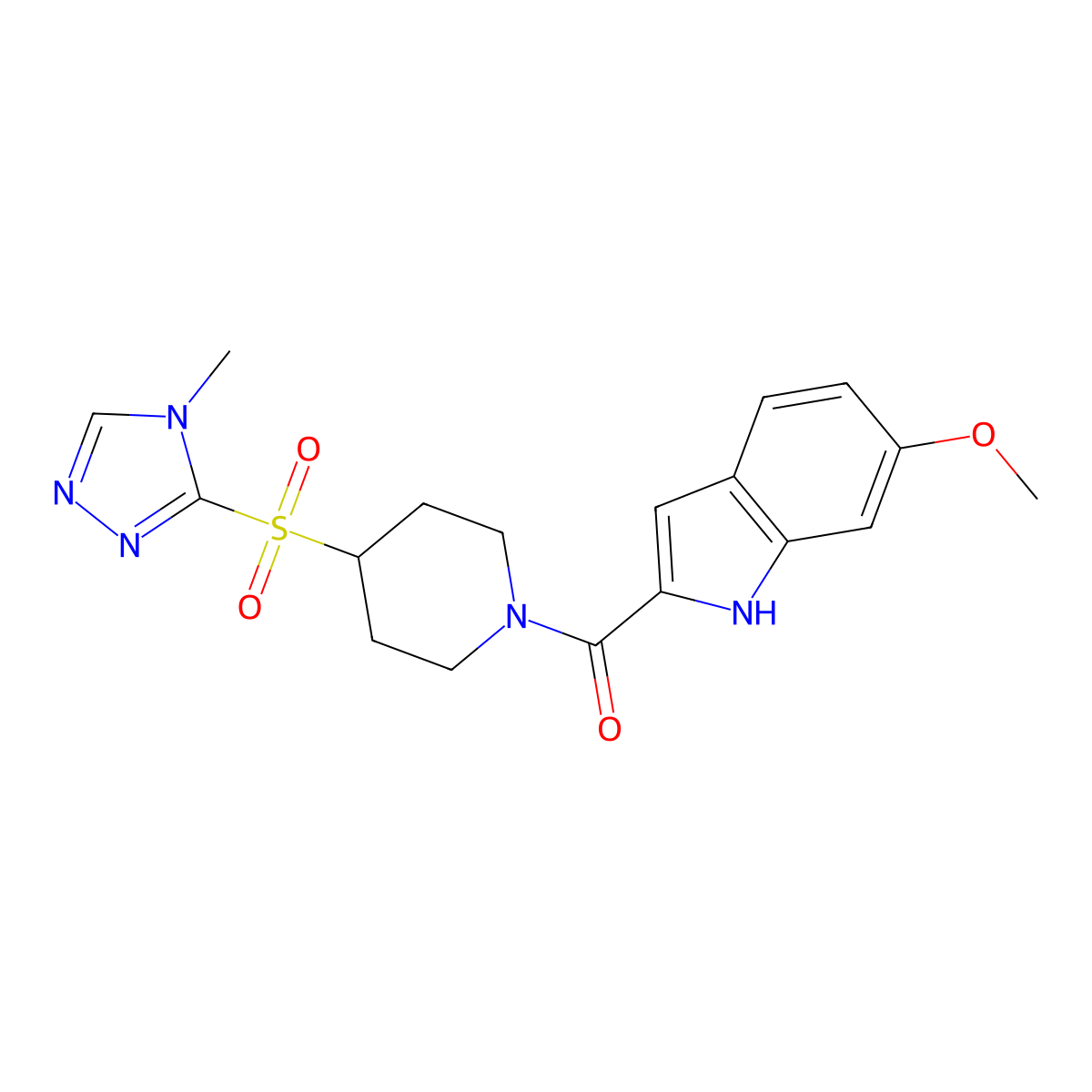 (6-methoxy-1H-indol-2-yl)(4-((4-methyl-4H-1,2,4-triazol-3-yl)sulfonyl)piperidin-1-yl)methanone molecular structure, CAS 1448031-29-5