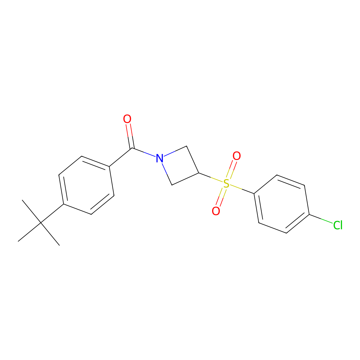(4-(Tert-butyl)phenyl)(3-((4-chlorophenyl)sulfonyl)azetidin-1-yl)methanone molecular structure, CAS 1448031-32-0