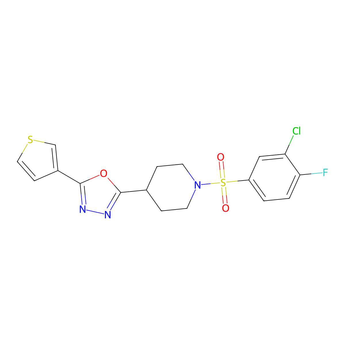 2-(1-((3-Chloro-4-fluorophenyl)sulfonyl)piperidin-4-yl)-5-(thiophen-3-yl)-1,3,4-oxadiazole molecular structure, CAS 1448031-33-1