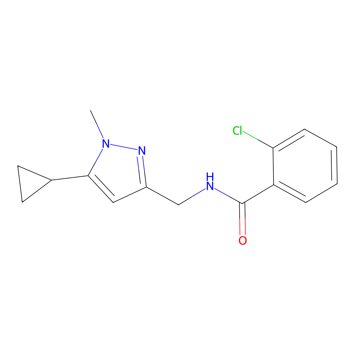 2-chloro-N-((5-cyclopropyl-1-methyl-1H-pyrazol-3-yl)methyl)benzamide molecular structure, CAS 1448031-45-5