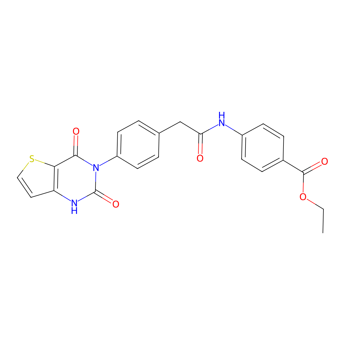 ethyl 4-(2-(4-(2,4-dioxo-1,2-dihydrothieno[3,2-d]pyrimidin-3(4H)-yl)phenyl)acetamido)benzoate molecular structure, CAS 1448031-46-6