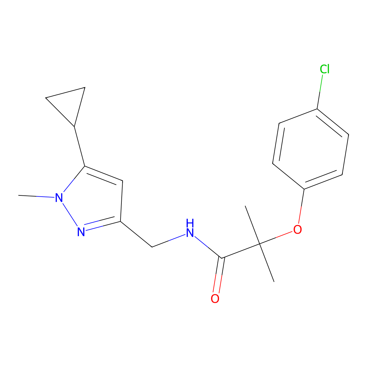 2-(4-chlorophenoxy)-N-[(5-cyclopropyl-1-methyl-1H-pyrazol-3-yl)methyl]-2-methylpropanamide molecular structure, CAS 1448031-55-7