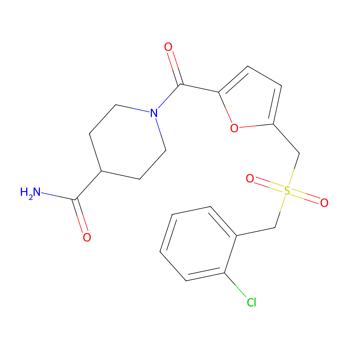 1-(5-(((2-Chlorobenzyl)sulfonyl)methyl)furan-2-carbonyl)piperidine-4-carboxamide molecular structure, CAS 1448031-57-9