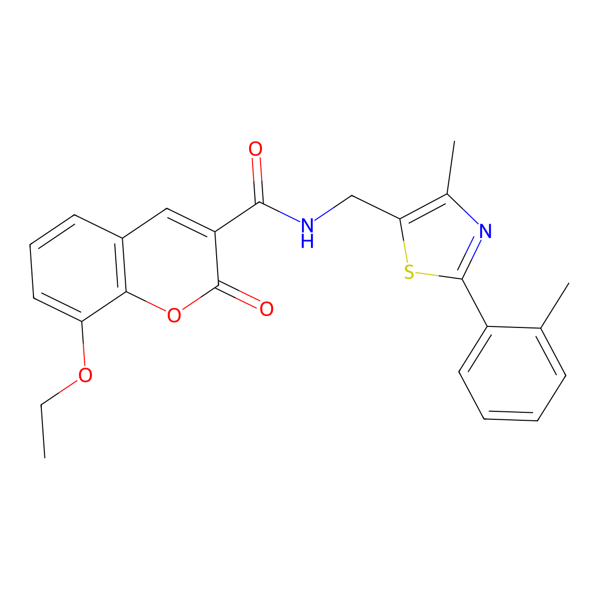 8-ethoxy-N-((4-methyl-2-(o-tolyl)thiazol-5-yl)methyl)-2-oxo-2H-chromene-3-carboxamide molecular structure, CAS 1448033-23-5