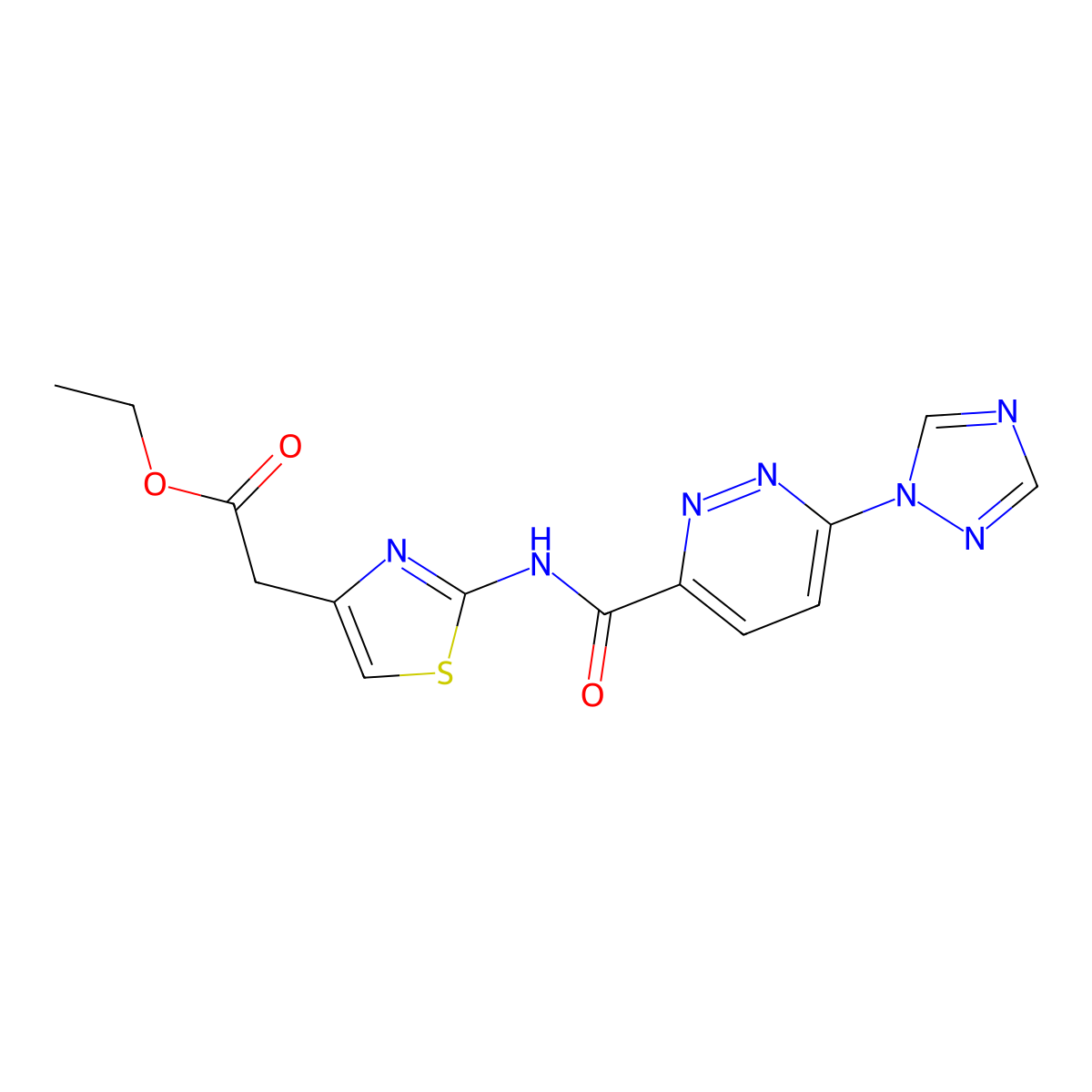 ethyl 2-(2-(6-(1H-1,2,4-triazol-1-yl)pyridazine-3-carboxamido)thiazol-4-yl)acetate molecular structure, CAS 1448033-26-8