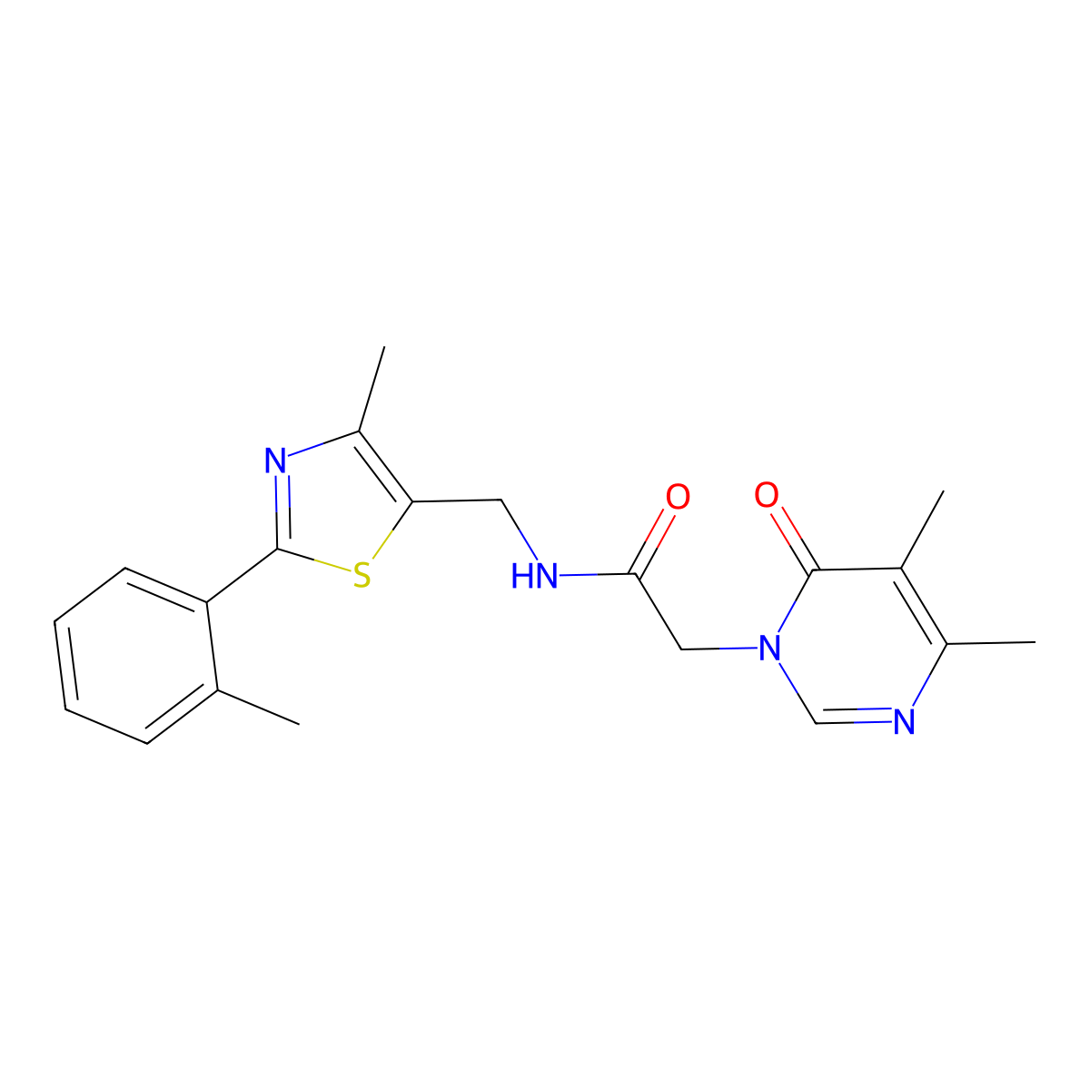 2-(4,5-dimethyl-6-oxopyrimidin-1(6H)-yl)-N-((4-methyl-2-(o-tolyl)thiazol-5-yl)methyl)acetamide molecular structure, CAS 1448033-32-6