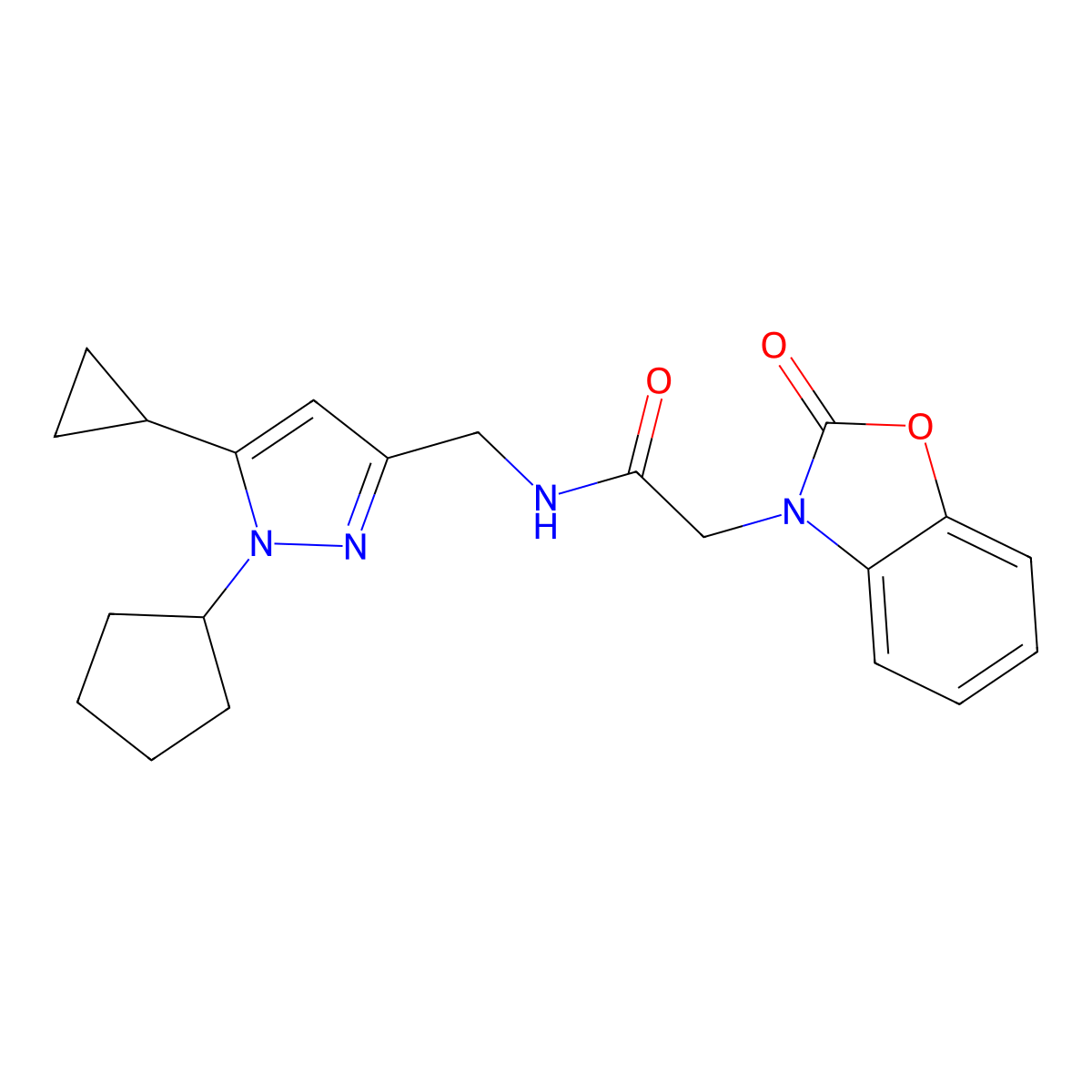 N-((1-cyclopentyl-5-cyclopropyl-1H-pyrazol-3-yl)methyl)-2-(2-oxobenzo[d]oxazol-3(2H)-yl)acetamide molecular structure, CAS 1448033-44-0