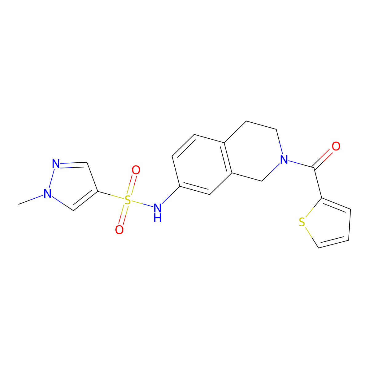 1-methyl-N-(2-(thiophene-2-carbonyl)-1,2,3,4-tetrahydroisoquinolin-7-yl)-1H-pyrazole-4-sulfonamide molecular structure, CAS 1448033-70-2