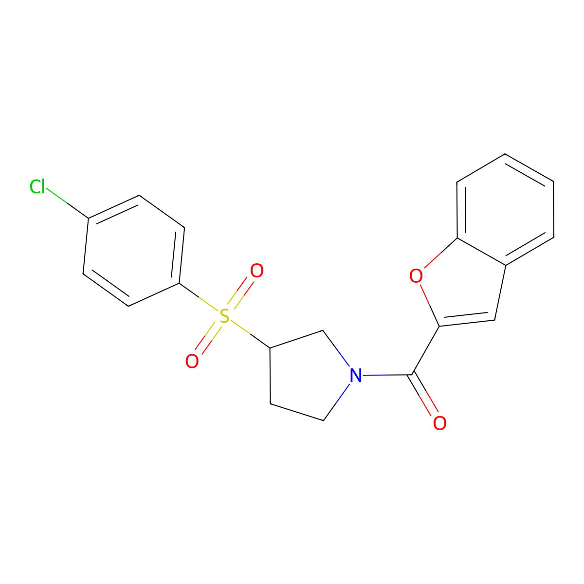 Benzofuran-2-yl(3-((4-chlorophenyl)sulfonyl)pyrrolidin-1-yl)methanone molecular structure, CAS 1448033-84-8