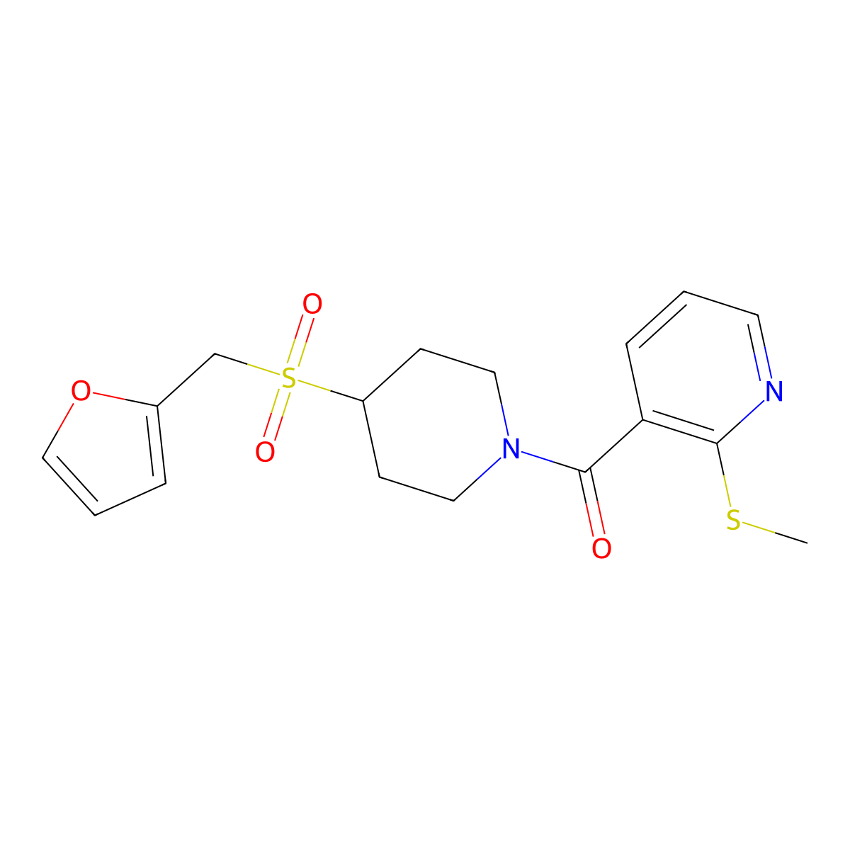 (4-((Furan-2-ylmethyl)sulfonyl)piperidin-1-yl)(2-(methylthio)pyridin-3-yl)methanone molecular structure, CAS 1448033-85-9