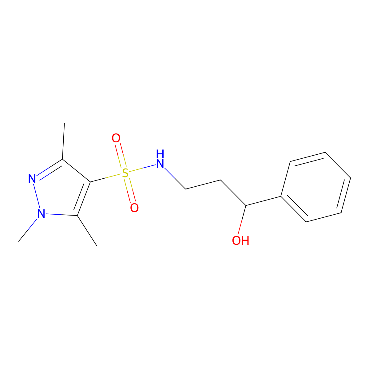N-(3-hydroxy-3-phenylpropyl)-1,3,5-trimethyl-1H-pyrazole-4-sulfonamide molecular structure, CAS 1448033-96-2