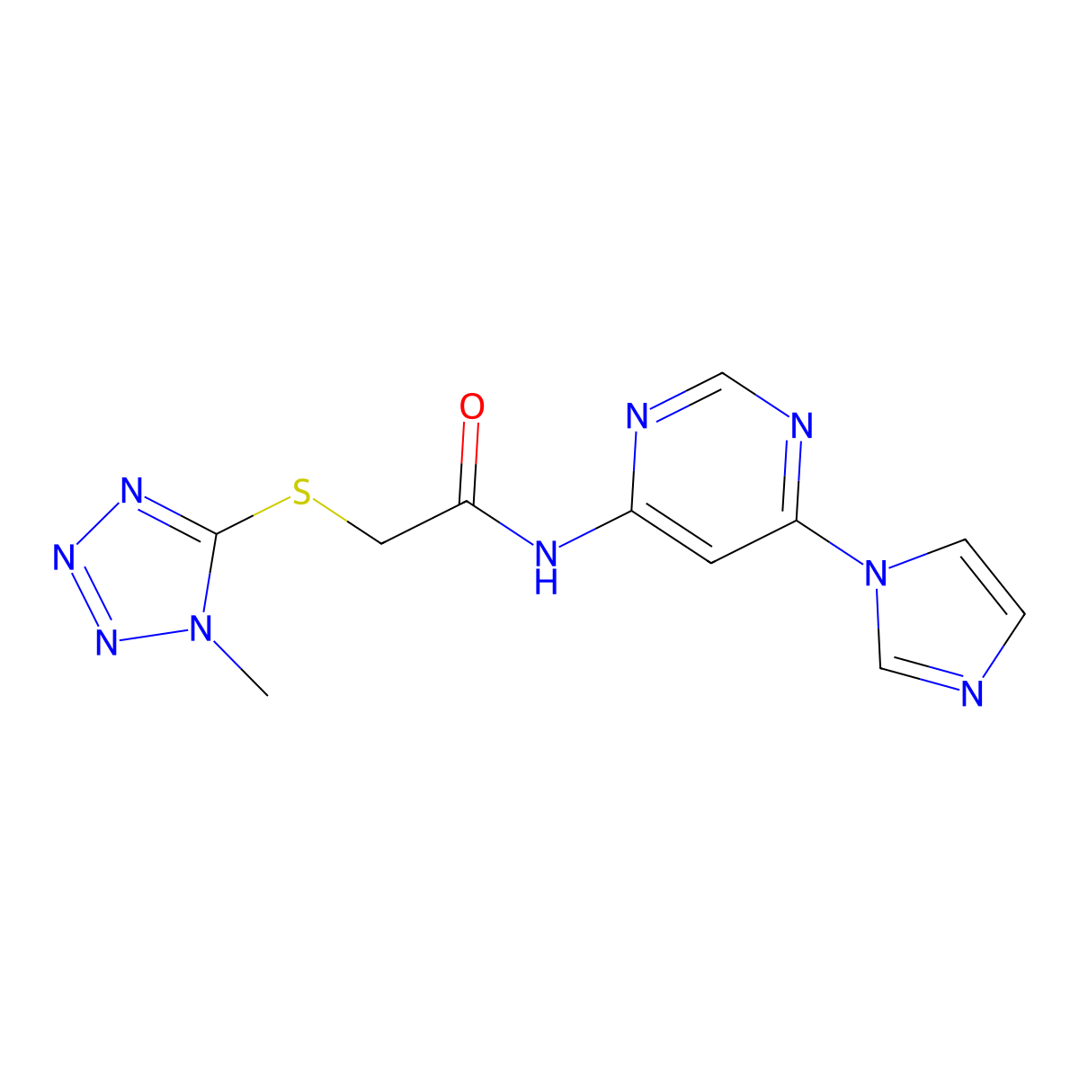 N-(6-(1H-imidazol-1-yl)pyrimidin-4-yl)-2-((1-methyl-1H-tetrazol-5-yl)thio)acetamide molecular structure, CAS 1448033-97-3