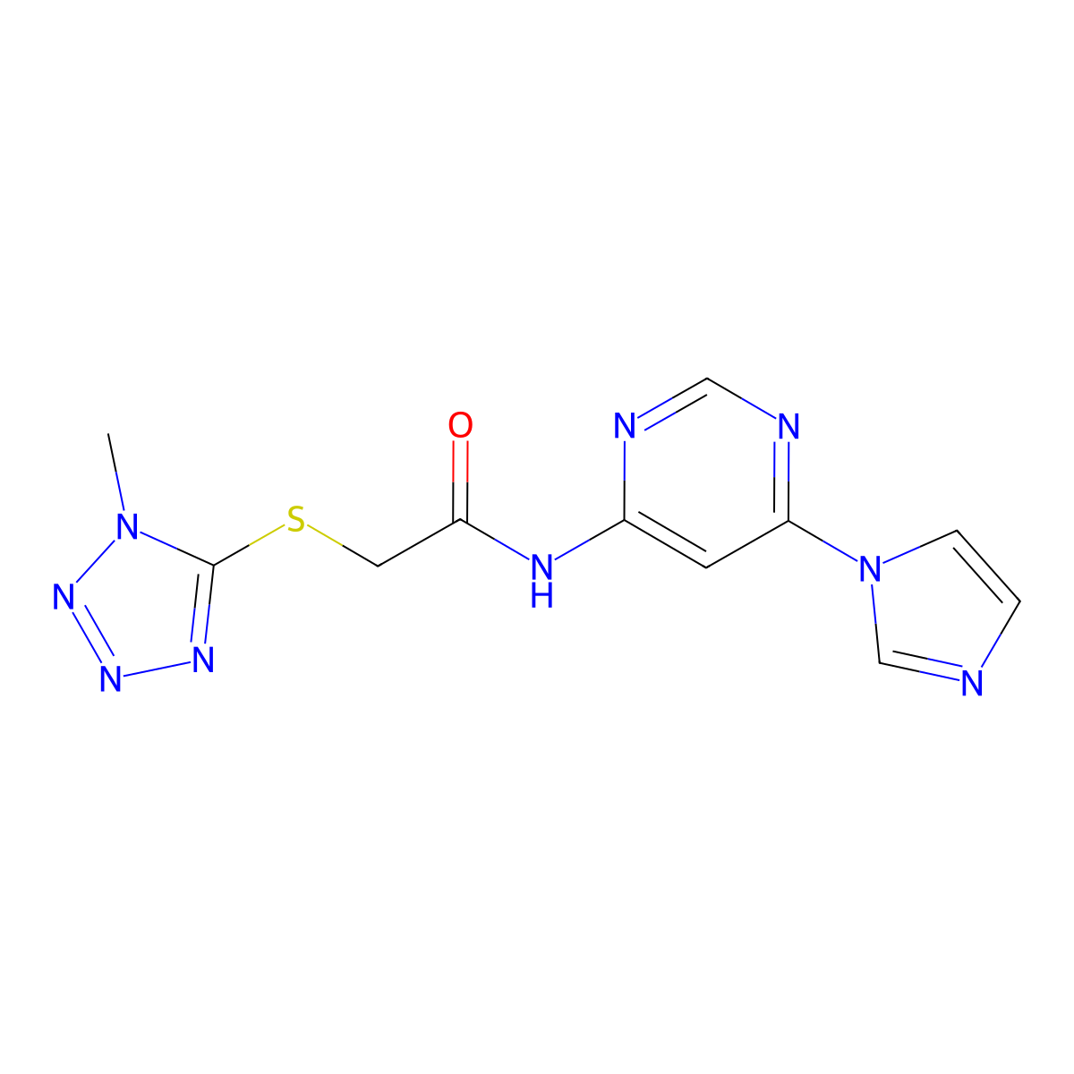 N-(6-(1H-imidazol-1-yl)pyrimidin-4-yl)-2-((1-methyl-1H-tetrazol-5-yl)thio)acetamide molecular structure, CAS 1448033-97-3