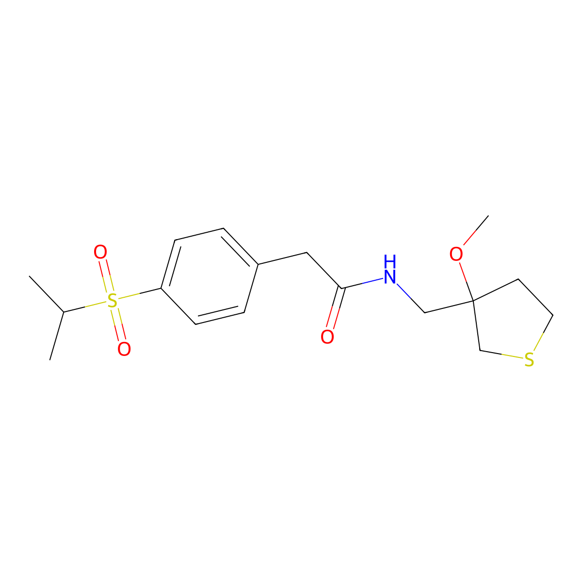 2-(4-(isopropylsulfonyl)phenyl)-N-((3-methoxytetrahydrothiophen-3-yl)methyl)acetamide molecular structure, CAS 1448034-13-6