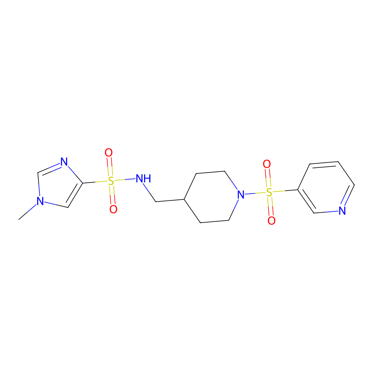 1-methyl-N-((1-(pyridin-3-ylsulfonyl)piperidin-4-yl)methyl)-1H-imidazole-4-sulfonamide molecular structure, CAS 1448034-16-9
