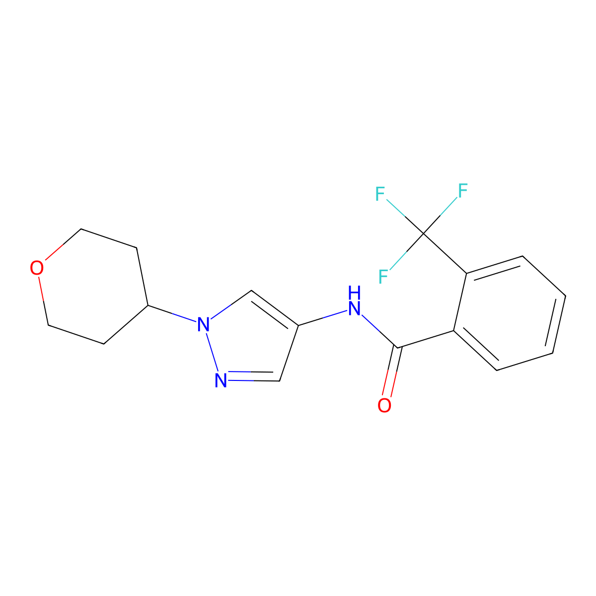N-(1-(tetrahydro-2H-pyran-4-yl)-1H-pyrazol-4-yl)-2-(trifluoromethyl)benzamide molecular structure, CAS 1448034-23-8