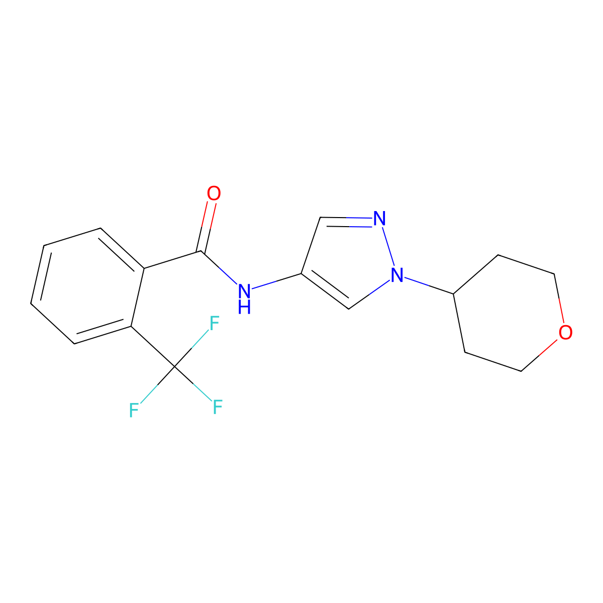 N-(1-(tetrahydro-2H-pyran-4-yl)-1H-pyrazol-4-yl)-2-(trifluoromethyl)benzamide molecular structure, CAS 1448034-23-8