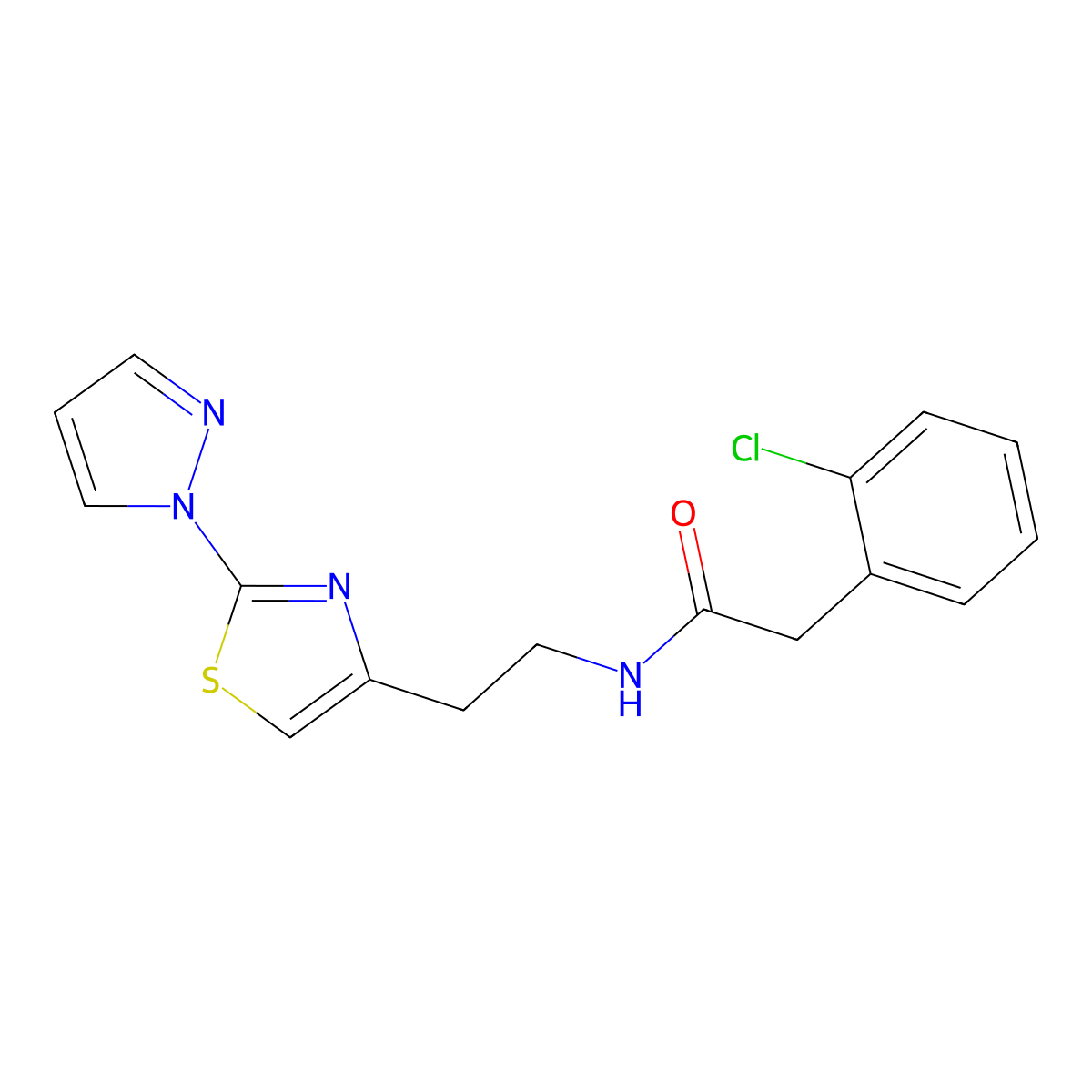 N-(2-(2-(1H-pyrazol-1-yl)thiazol-4-yl)ethyl)-2-(2-chlorophenyl)acetamide molecular structure, CAS 1448034-43-2