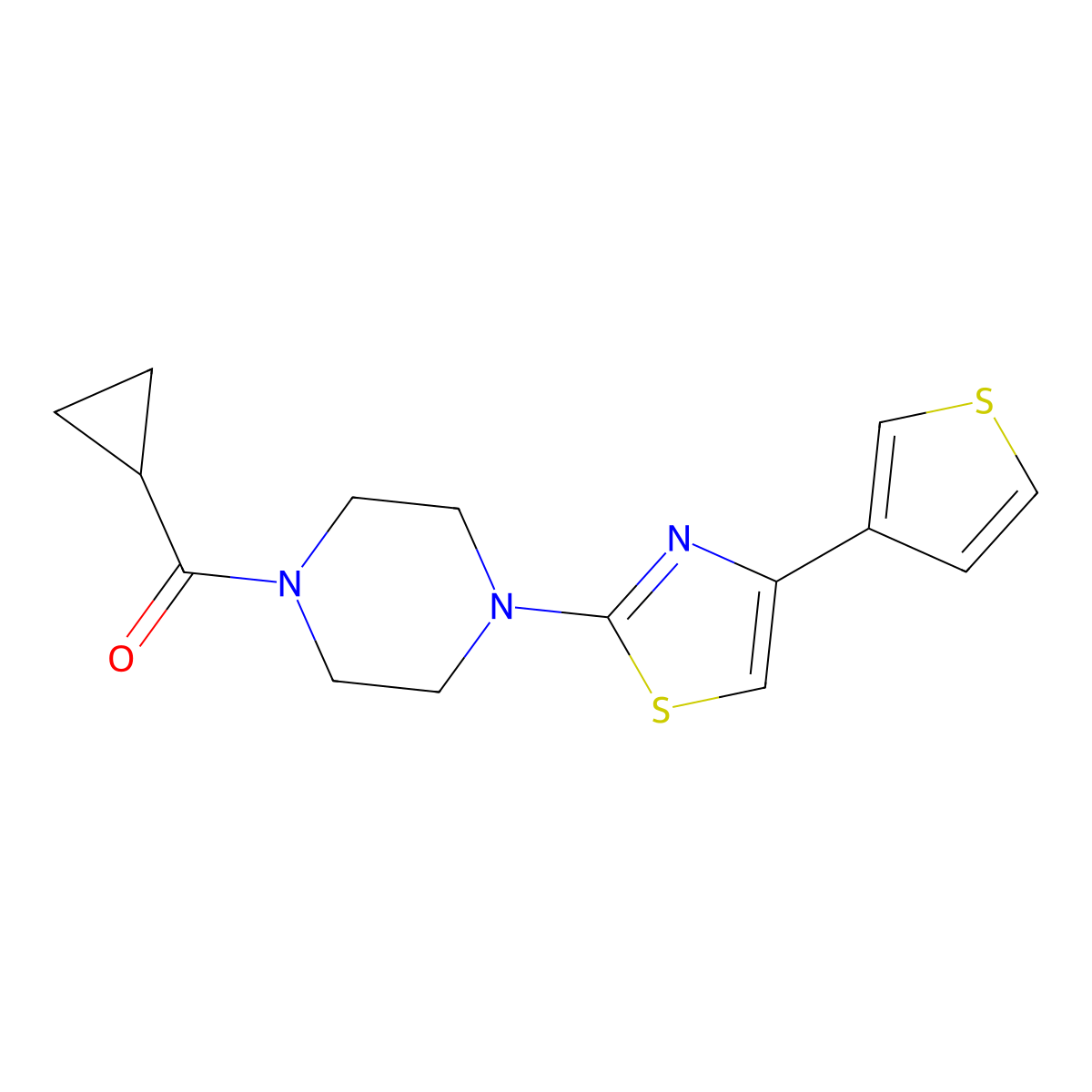 Cyclopropyl(4-(4-(thiophen-3-yl)thiazol-2-yl)piperazin-1-yl)methanone molecular structure, CAS 1448034-47-6