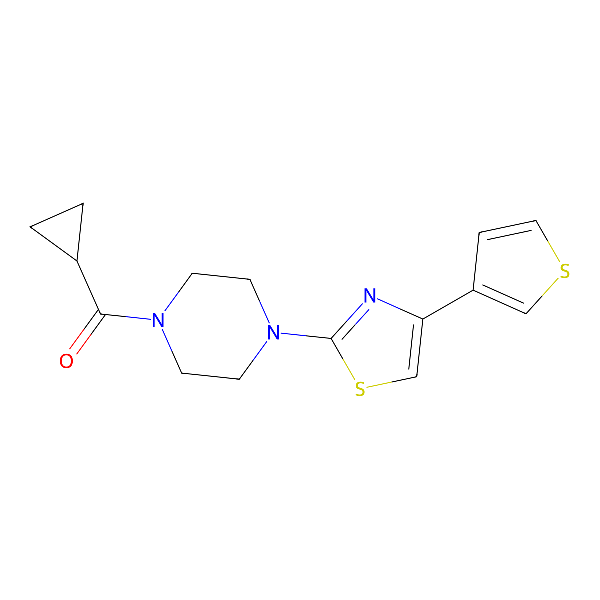 Cyclopropyl(4-(4-(thiophen-3-yl)thiazol-2-yl)piperazin-1-yl)methanone molecular structure, CAS 1448034-47-6