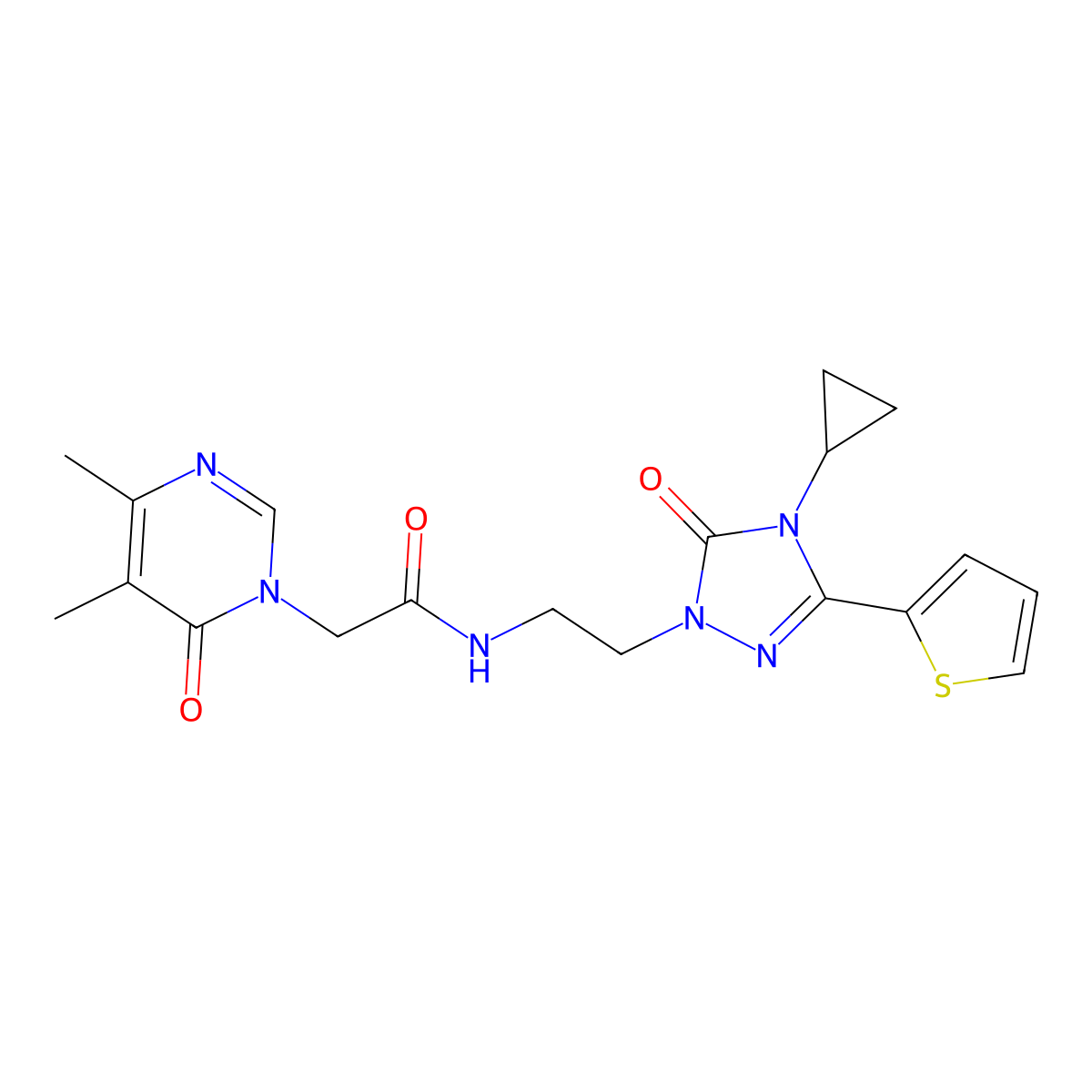 N-(2-(4-cyclopropyl-5-oxo-3-(thiophen-2-yl)-4,5-dihydro-1H-1,2,4-triazol-1-yl)ethyl)-2-(4,5-dimethyl-6-oxopyrimidin-1(6H)-yl)acetamide molecular structure, CAS 1448034-54-5