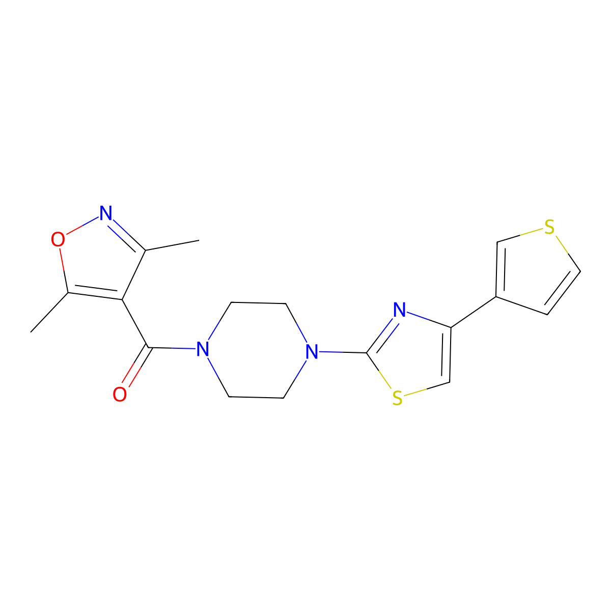 (3,5-Dimethylisoxazol-4-yl)(4-(4-(thiophen-3-yl)thiazol-2-yl)piperazin-1-yl)methanone molecular structure, CAS 1448034-56-7