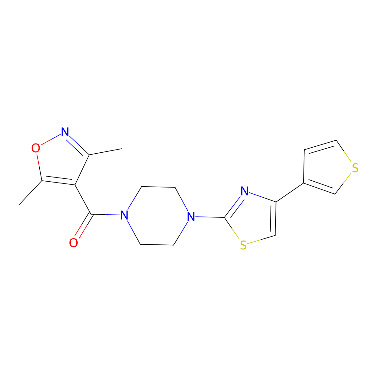 (3,5-Dimethylisoxazol-4-yl)(4-(4-(thiophen-3-yl)thiazol-2-yl)piperazin-1-yl)methanone molecular structure, CAS 1448034-56-7