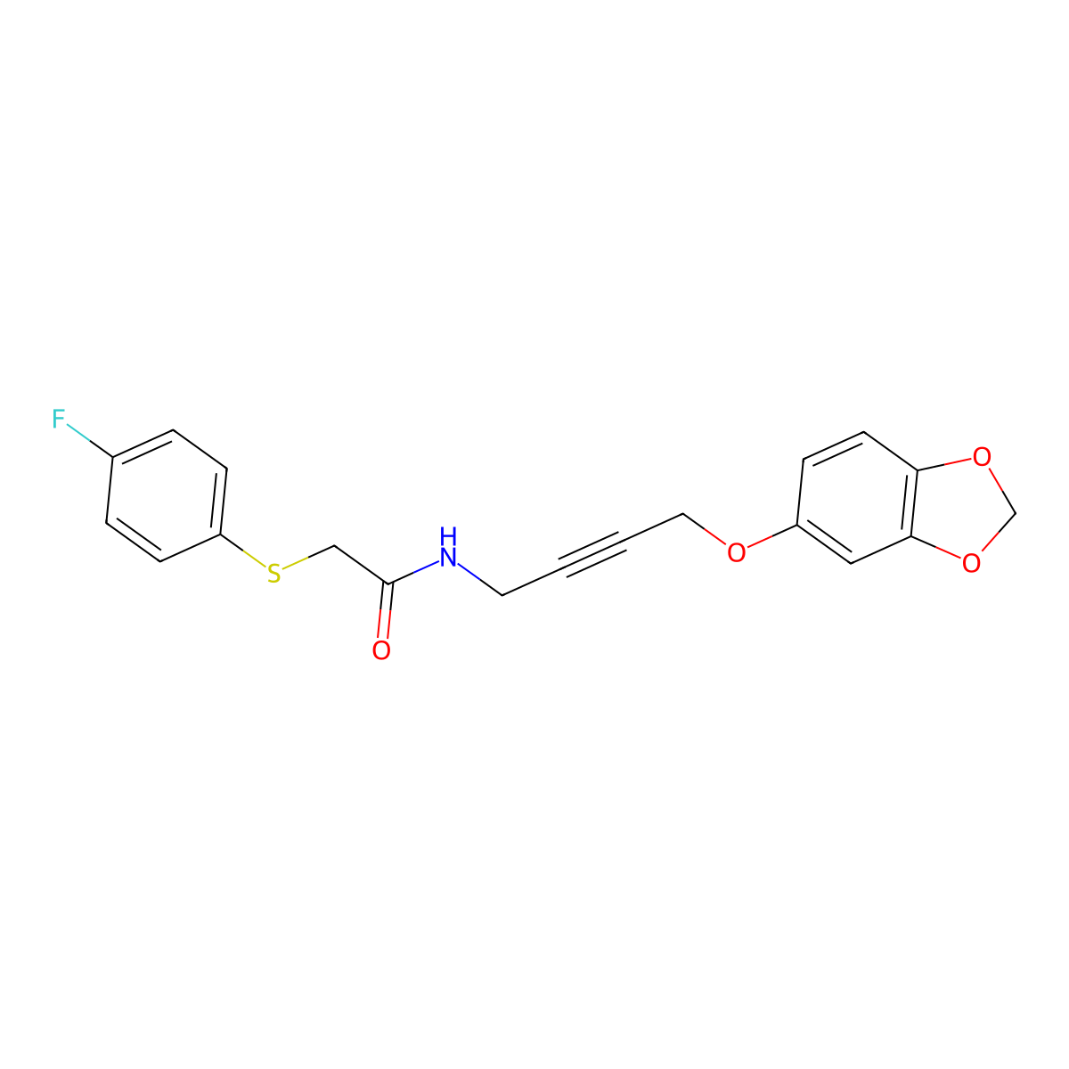 N-(4-(benzo[d][1,3]dioxol-5-yloxy)but-2-yn-1-yl)-2-((4-fluorophenyl)thio)acetamide molecular structure, CAS 1448034-62-5