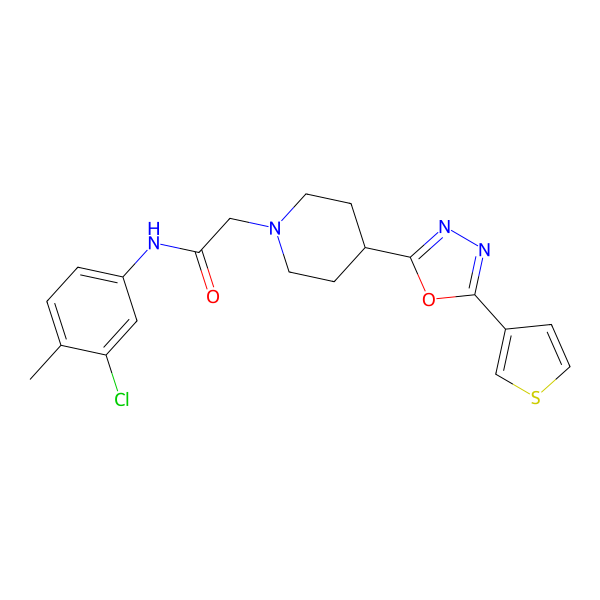 N-(3-chloro-4-methylphenyl)-2-(4-(5-(thiophen-3-yl)-1,3,4-oxadiazol-2-yl)piperidin-1-yl)acetamide molecular structure, CAS 1448034-63-6