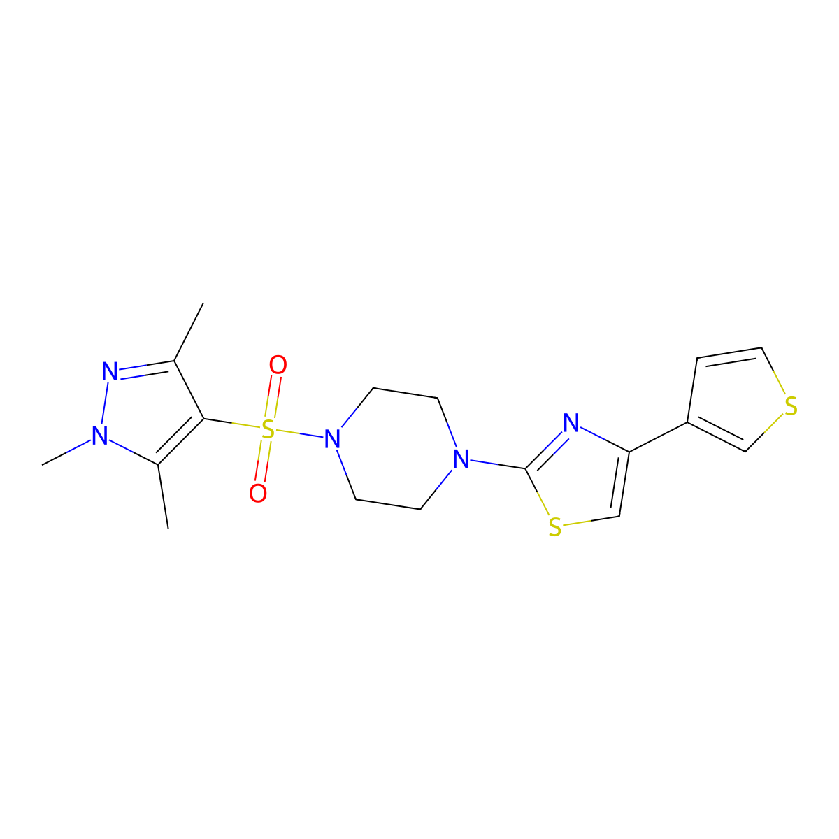4-(thiophen-3-yl)-2-(4-((1,3,5-trimethyl-1H-pyrazol-4-yl)sulfonyl)piperazin-1-yl)thiazole molecular structure, CAS 1448034-64-7