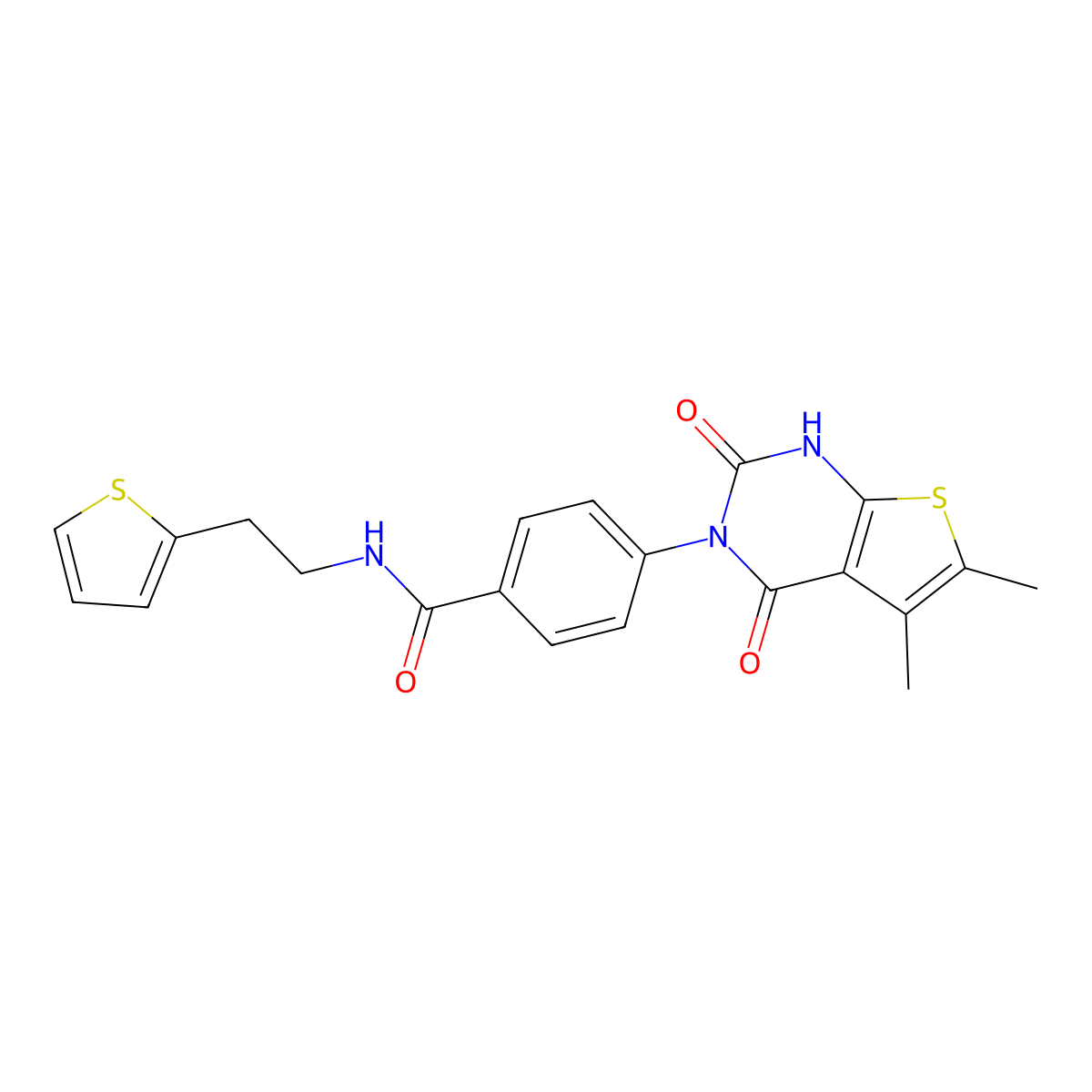 4-(5,6-dimethyl-2,4-dioxo-1,2-dihydrothieno[2,3-d]pyrimidin-3(4H)-yl)-N-(2-(thiophen-2-yl)ethyl)benzamide molecular structure, CAS 1448034-79-4