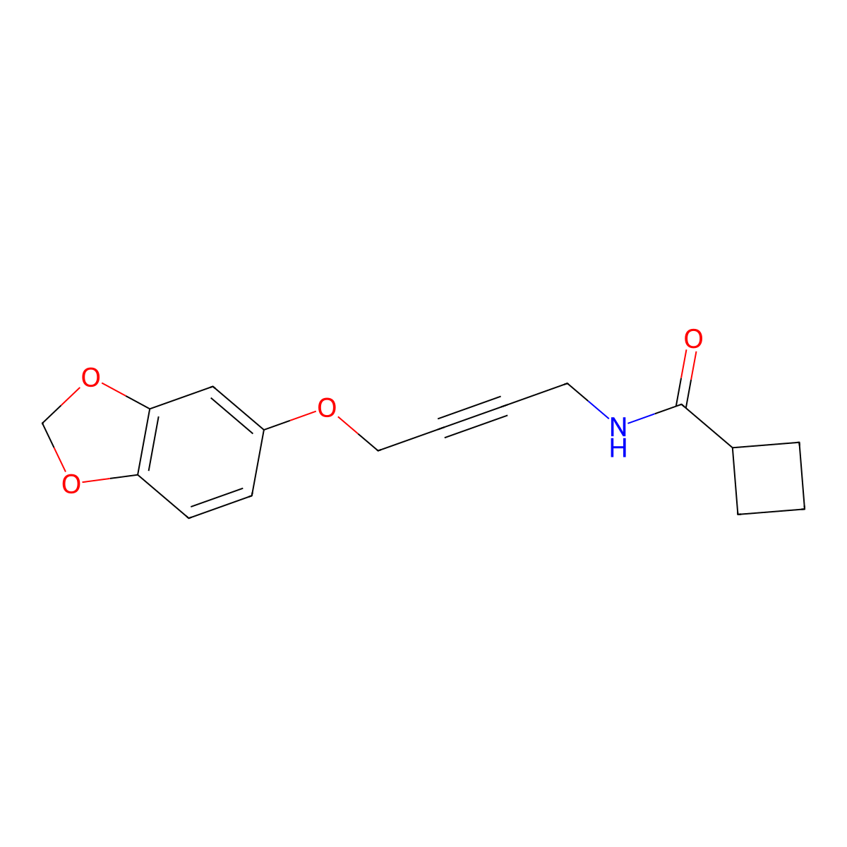 N-(4-(benzo[d][1,3]dioxol-5-yloxy)but-2-yn-1-yl)cyclobutanecarboxamide molecular structure, CAS 1448034-87-4