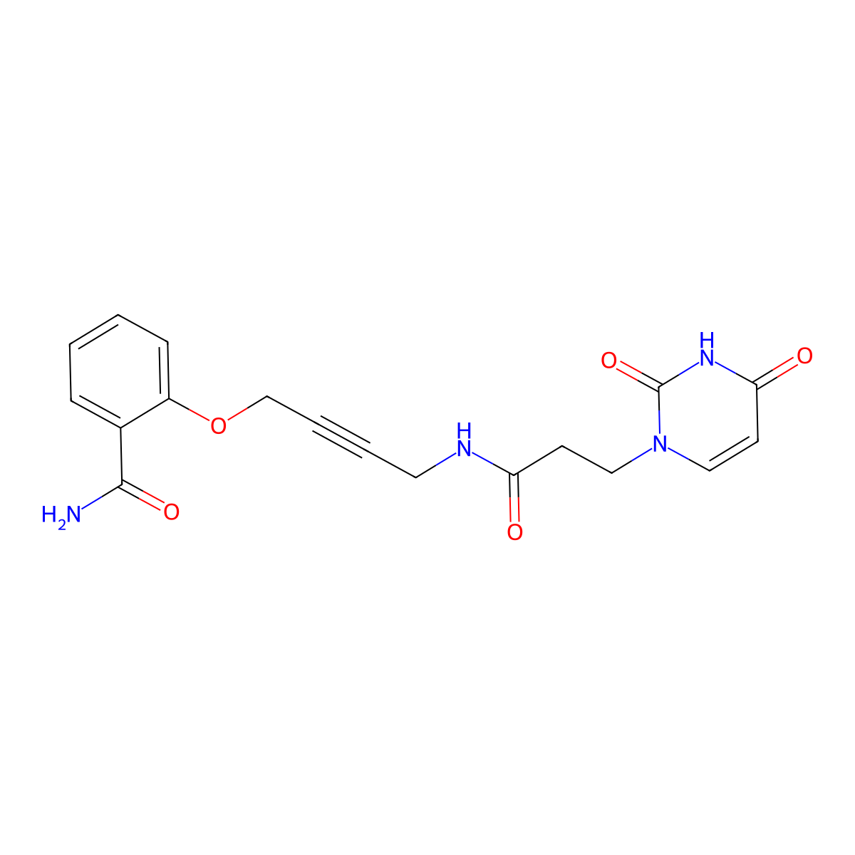2-((4-(3-(2,4-dioxo-3,4-dihydropyrimidin-1(2H)-yl)propanamido)but-2-yn-1-yl)oxy)benzamide molecular structure, CAS 1448034-91-0