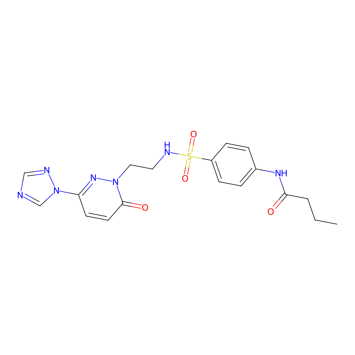 N-(4-(N-(2-(6-oxo-3-(1H-1,2,4-triazol-1-yl)pyridazin-1(6H)-yl)ethyl)sulfamoyl)phenyl)butyramide molecular structure, CAS 1448035-00-4