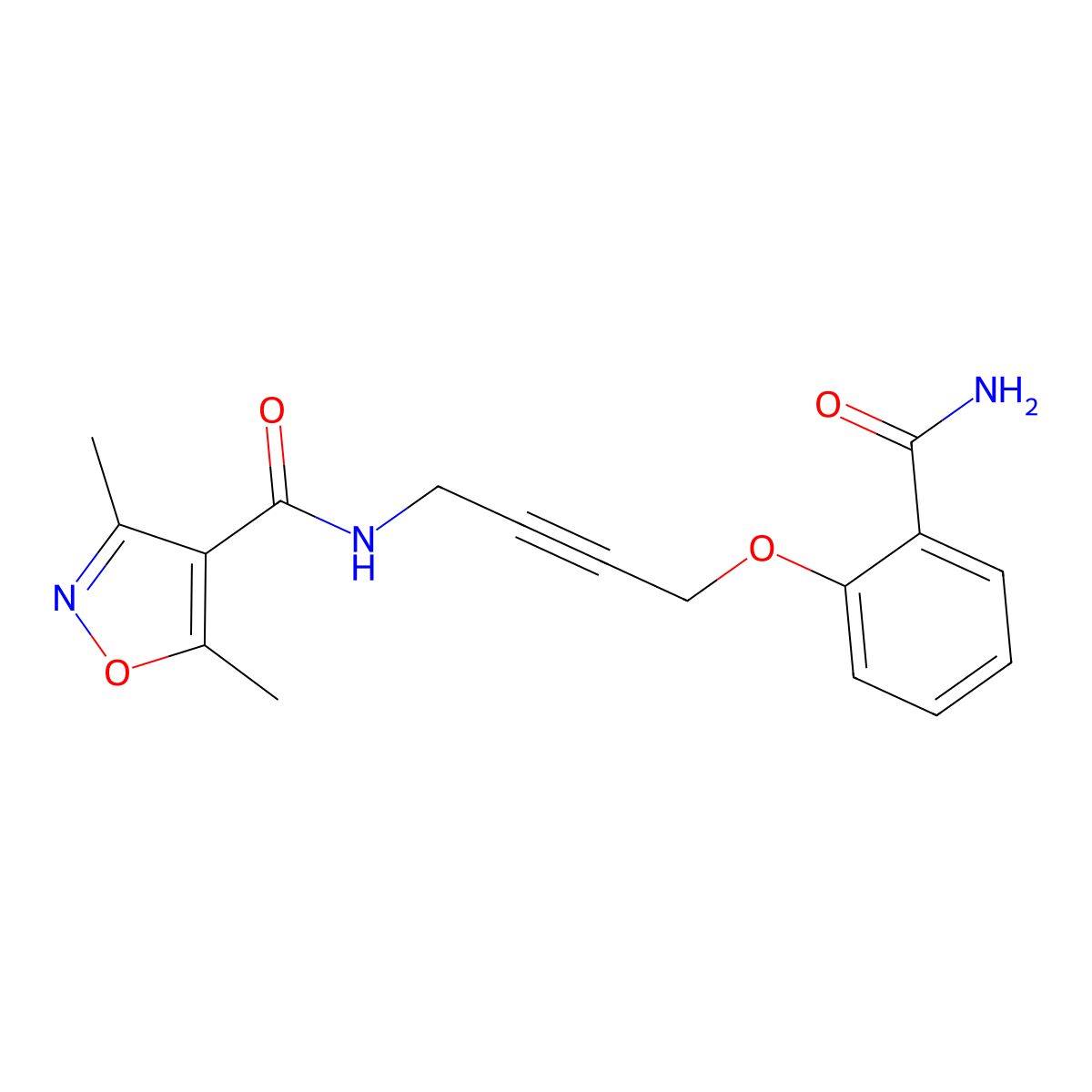N-(4-(2-carbamoylphenoxy)but-2-yn-1-yl)-3,5-dimethylisoxazole-4-carboxamide molecular structure, CAS 1448035-03-7