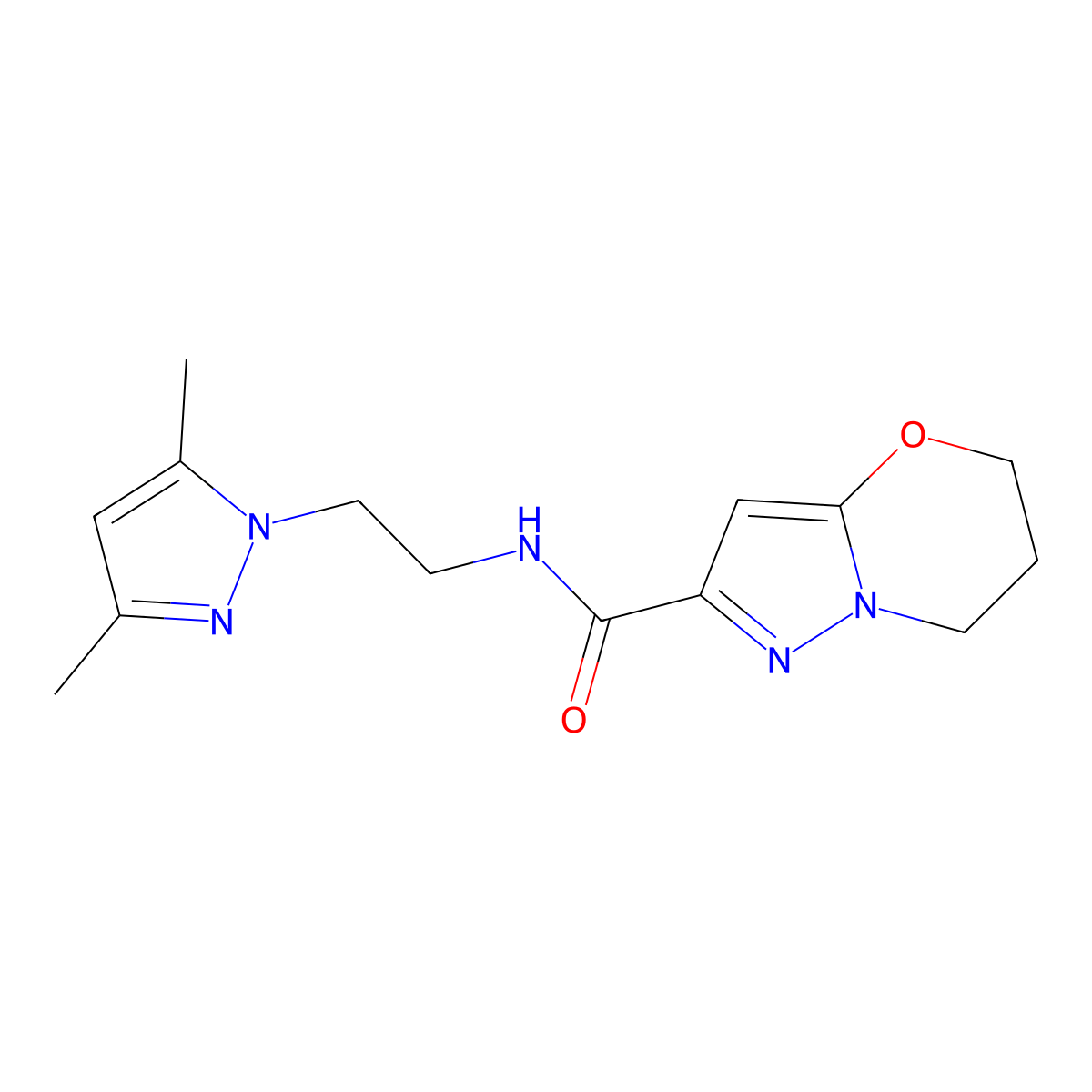 N-[2-(3,5-dimethyl-1H-pyrazol-1-yl)ethyl]-5H,6H,7H-pyrazolo[3,2-b][1,3]oxazine-2-carboxamide molecular structure, CAS 1448035-12-8