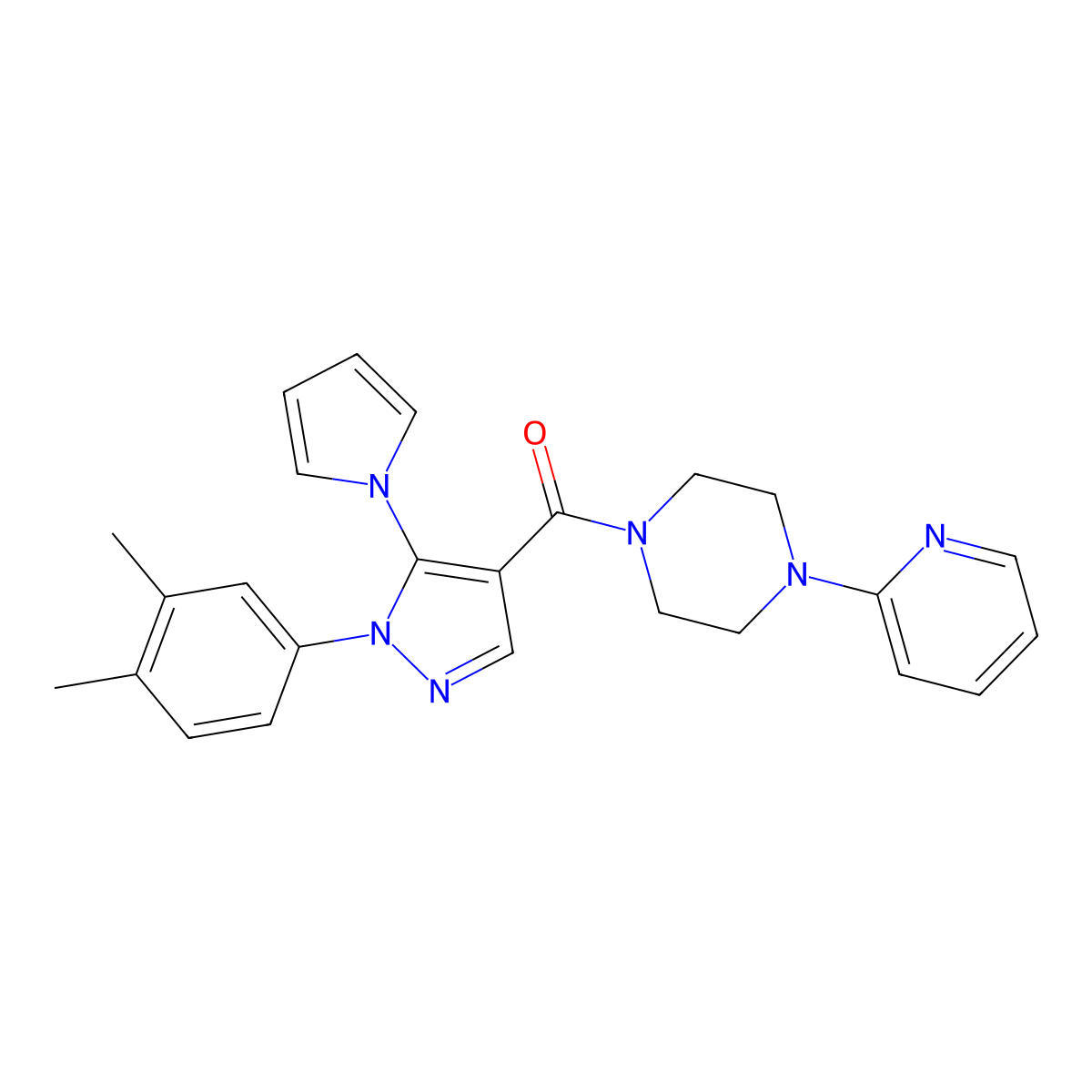 (1-(3,4-dimethylphenyl)-5-(1H-pyrrol-1-yl)-1H-pyrazol-4-yl)(4-(pyridin-2-yl)piperazin-1-yl)methanone molecular structure, CAS 1448035-17-3