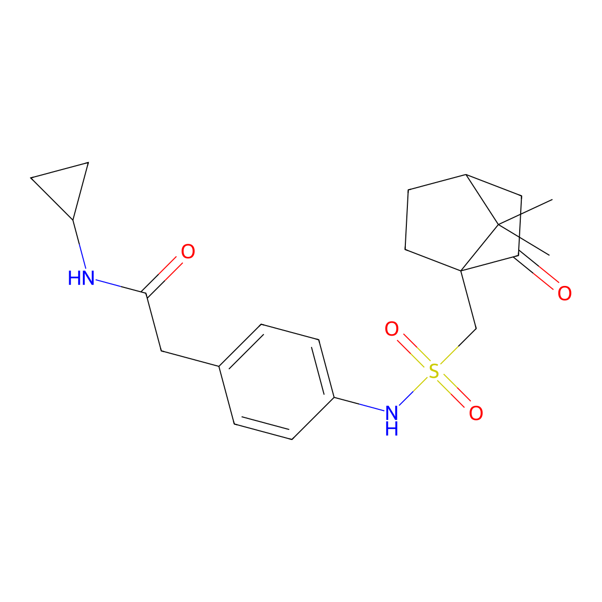 N-cyclopropyl-2-(4-((7,7-dimethyl-2-oxobicyclo[2.2.1]heptan-1-yl)methylsulfonamido)phenyl)acetamide molecular structure, CAS 1448035-20-8