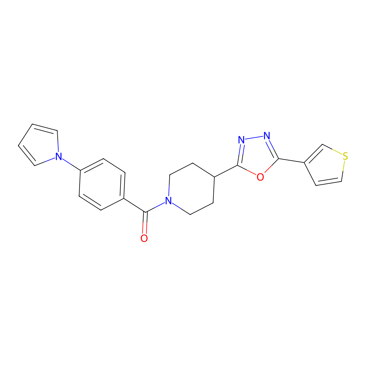(4-(1H-pyrrol-1-yl)phenyl)(4-(5-(thiophen-3-yl)-1,3,4-oxadiazol-2-yl)piperidin-1-yl)methanone molecular structure, CAS 1448035-36-6