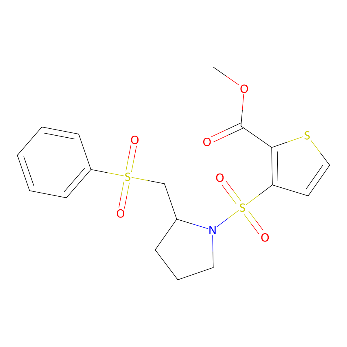 Methyl 3-((2-((phenylsulfonyl)methyl)pyrrolidin-1-yl)sulfonyl)thiophene-2-carboxylate molecular structure, CAS 1448035-37-7