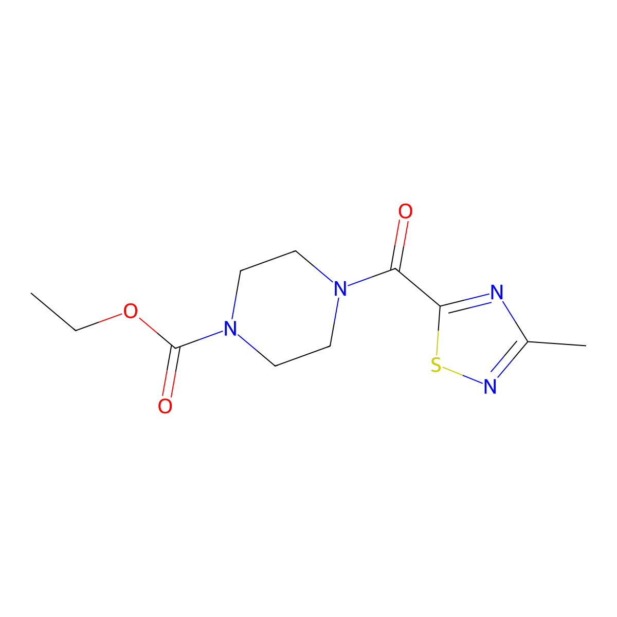 Ethyl 4-(3-methyl-1,2,4-thiadiazole-5-carbonyl)piperazine-1-carboxylate molecular structure, CAS 1448035-40-2