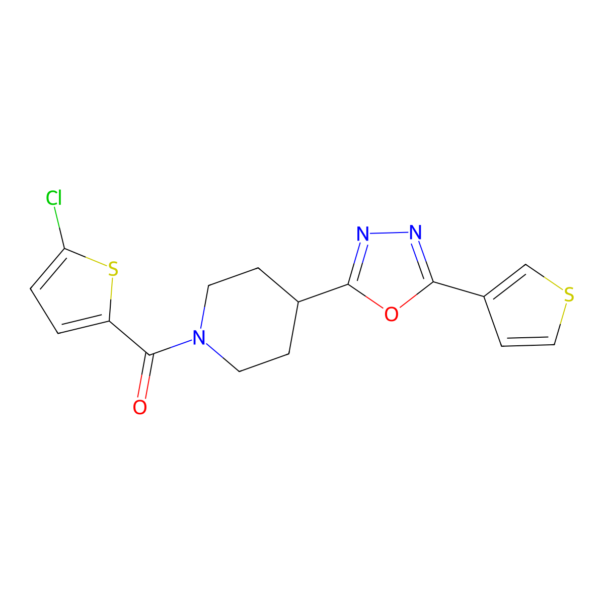 (5-Chlorothiophen-2-yl)(4-(5-(thiophen-3-yl)-1,3,4-oxadiazol-2-yl)piperidin-1-yl)methanone molecular structure, CAS 1448035-44-6