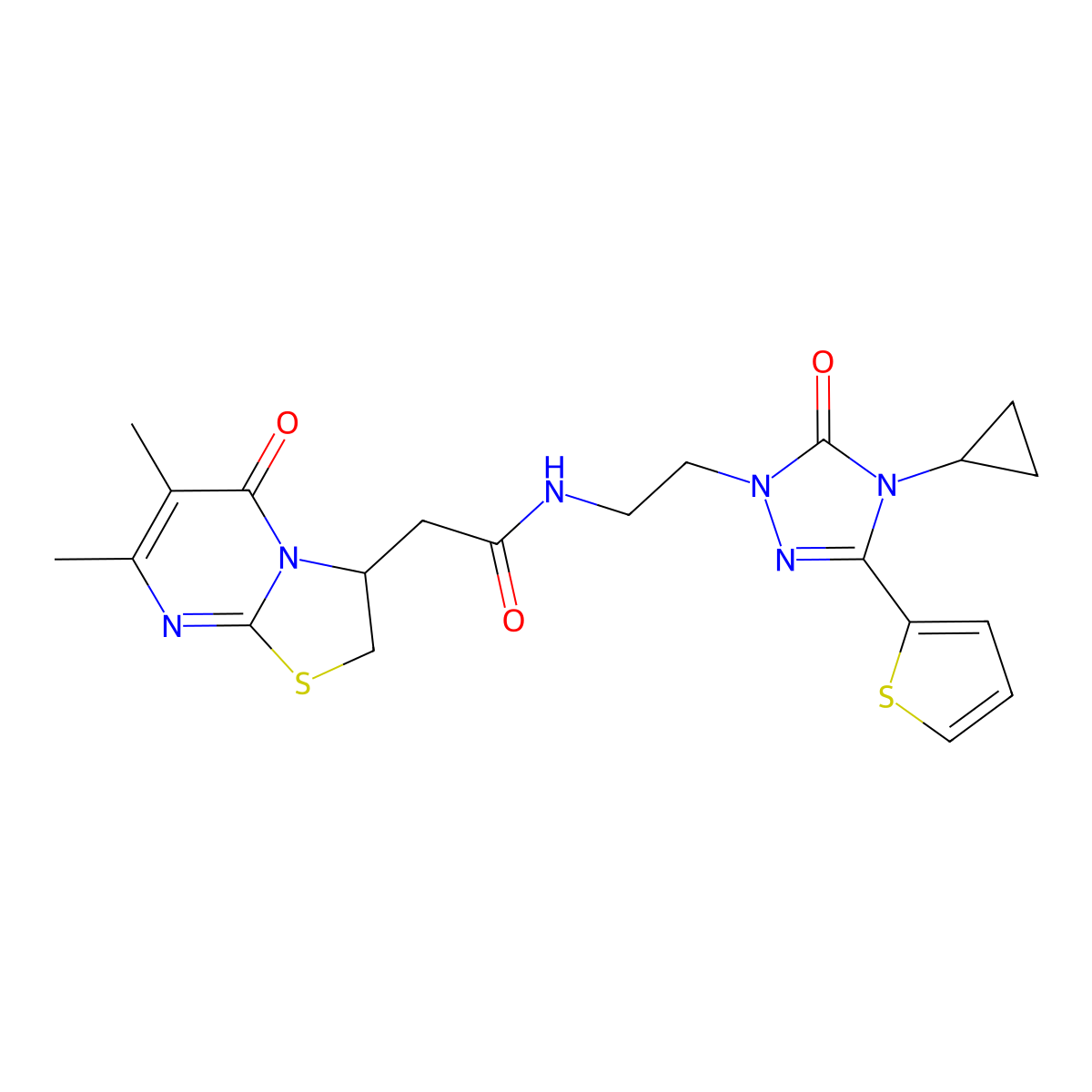 N-{2-[4-cyclopropyl-5-oxo-3-(thiophen-2-yl)-4,5-dihydro-1H-1,2,4-triazol-1-yl]ethyl}-2-{6,7-dimethyl-5-oxo-2H,3H,5H-[1,3]thiazolo[3,2-a]pyrimidin-3-yl}acetamide molecular structure, CAS 1448035-45-7